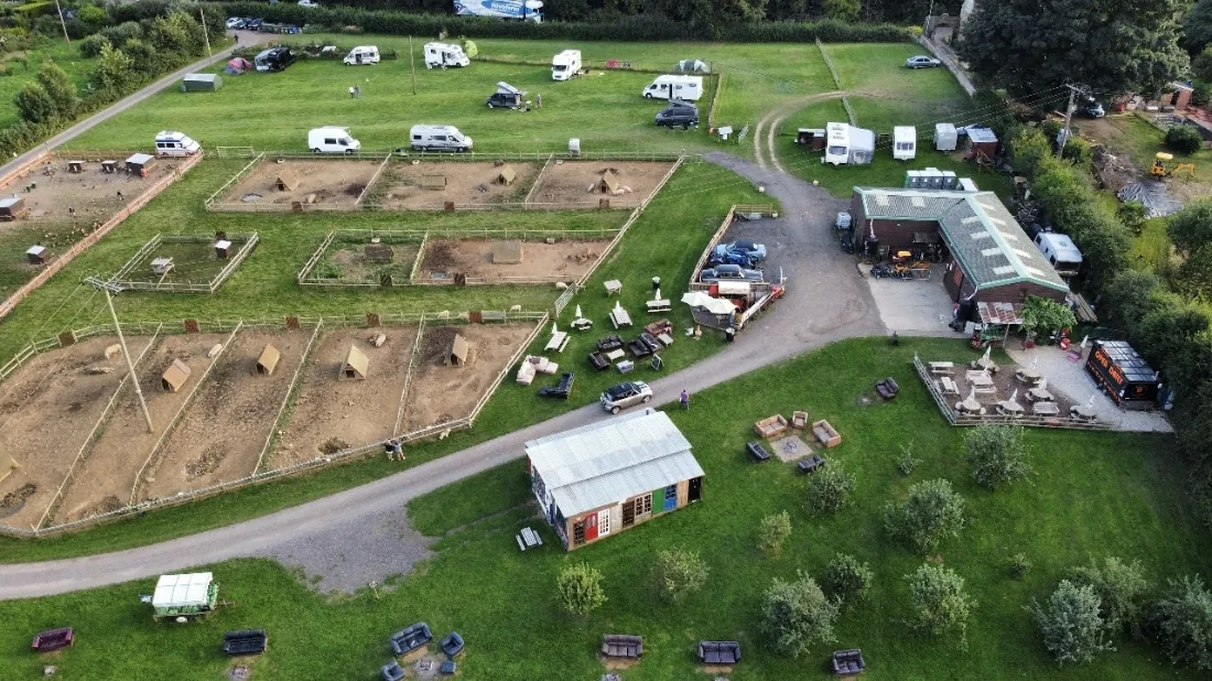 Aerial view of The Pig Place campsite and farm